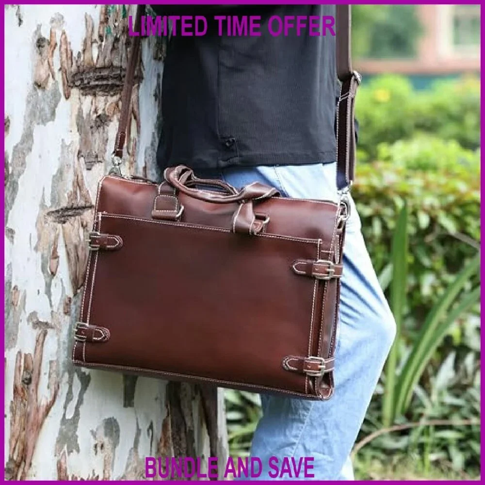 Leather Laptop Briefcase for Men, 3 Zipper Pockets, Fits 16-inch Laptop